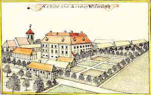 Schloss und Kirch zu Wiltschau - Koci i zamek, widok oglny